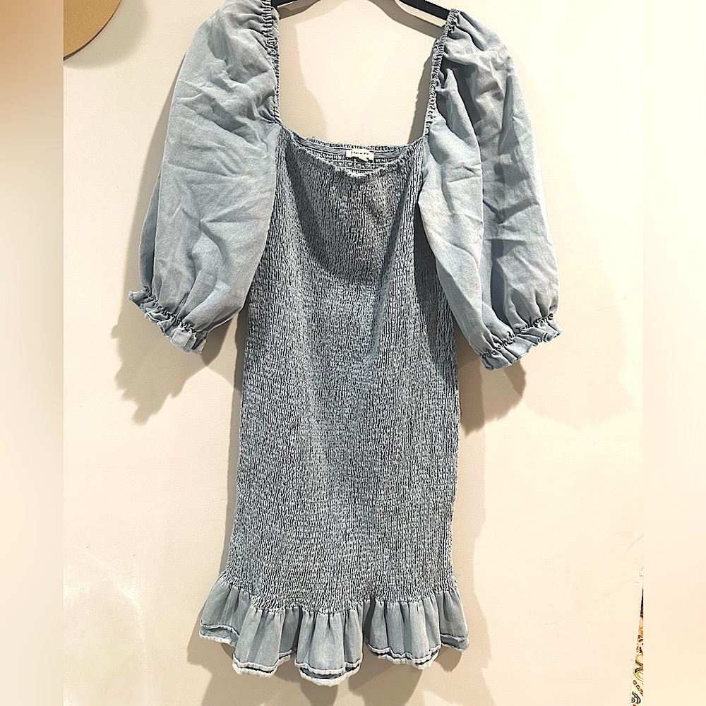 Pink blush light blue square neck denim smocked dress maternity